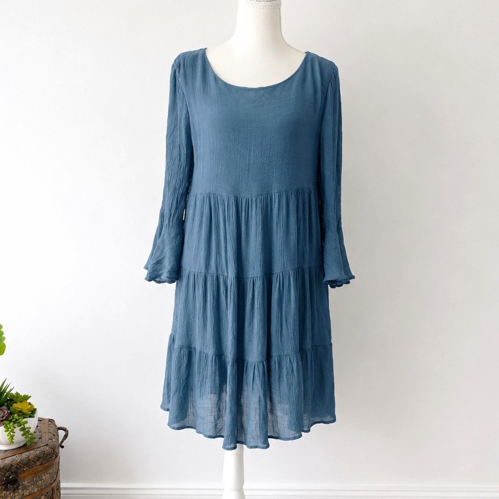 Pink Lily Blue Tiered Boho Dress M Long Sleeve Flare Sleeve Cottagecore Lined